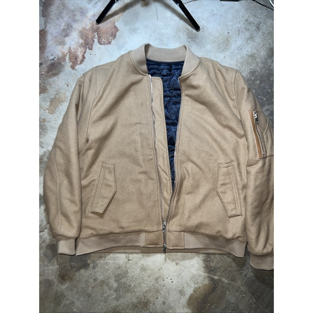 Magaschoni Man Wool Blend Bomber Jacket Tan Camel Brown Quilted Lined Zip XL